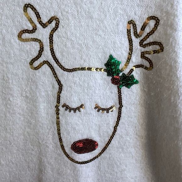 Holiday Traditions White Reindeer Themed Christmas Size L Pullover Sweater - Picture 2 of 9